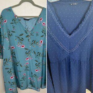 Bloomchic Plus Size Blouse 5X Lot of 2 Aqua Floral Navy Blue Empire Short Sleeve